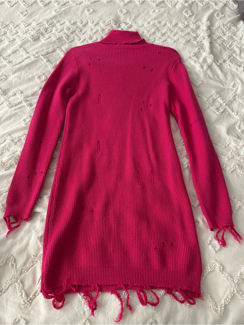 Women's Distressed Hot Pink Long Ribbed Sweater Dress